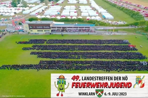 Luftaufnahme aller Teilnehmerinnen und Teilnehmer des 49. Landestreffens am Sportplatz Winklarn